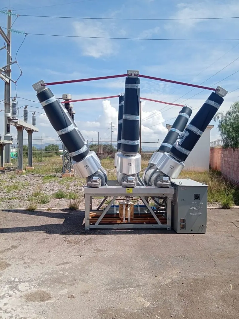 Subestación cercada con equipos eléctricos, estructuras y líneas aéreas.
